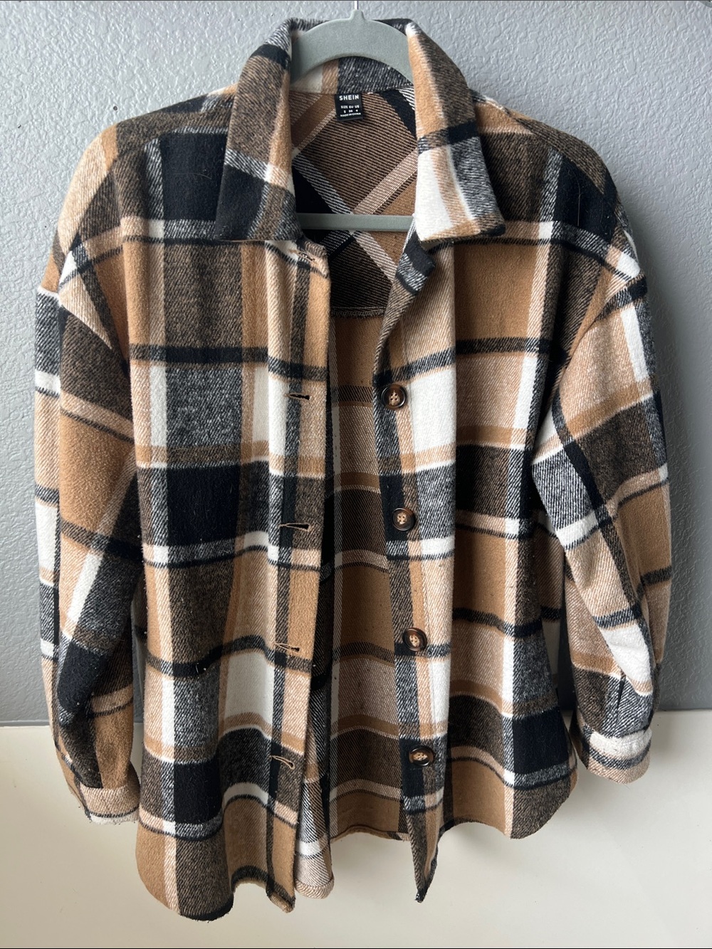 SHEIN Plaid Button-Up Shacket in Camel, Black, Cream